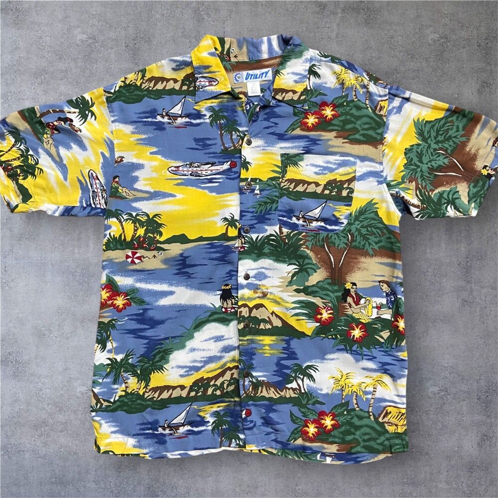 Utility Vintage 90s Hawaiian Aloha Island Scene Button Down Rayon Shirt Men's M